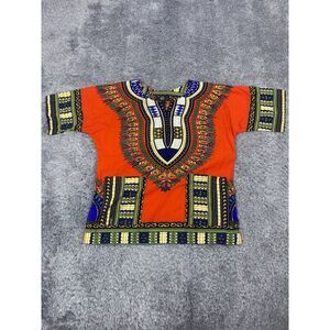 African Dashiki Shirt Adults Medium Orange Tribal Aztec Hippie Funky Kaftan Top